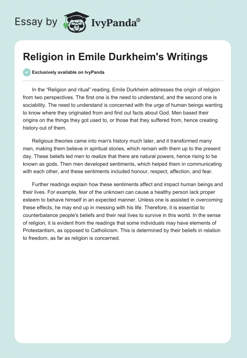 Religion in Emile Durkheim's Writings. Page 1