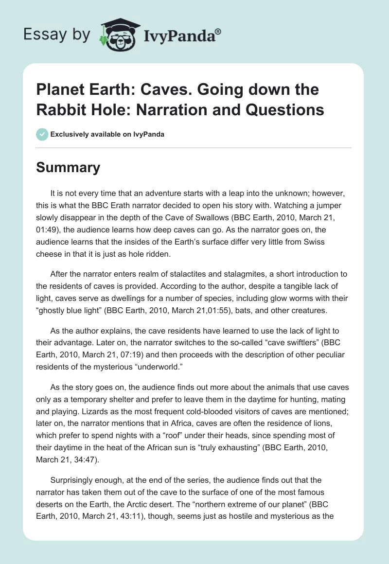 Planet Earth: Caves. Going down the Rabbit Hole: Narration and Questions. Page 1