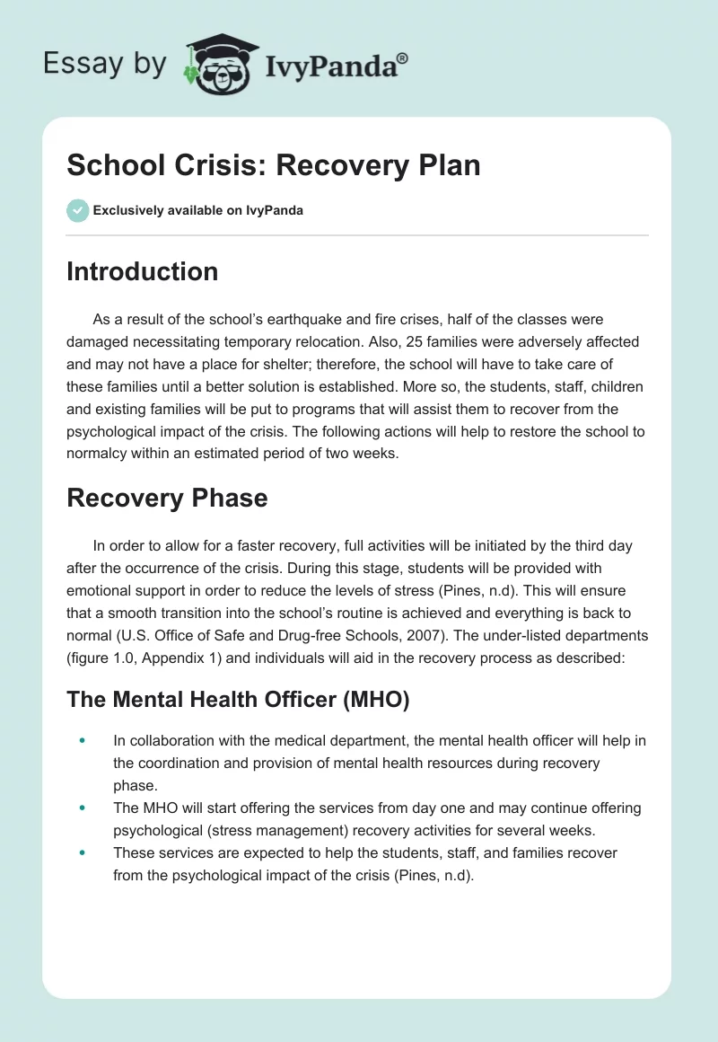 School Crisis: Recovery Plan. Page 1