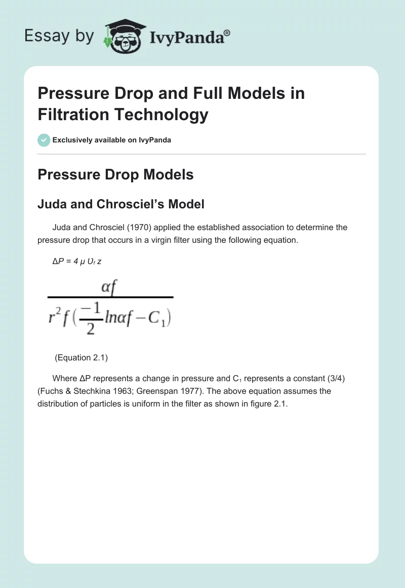 Pressure Drop and Full Models in Filtration Technology. Page 1