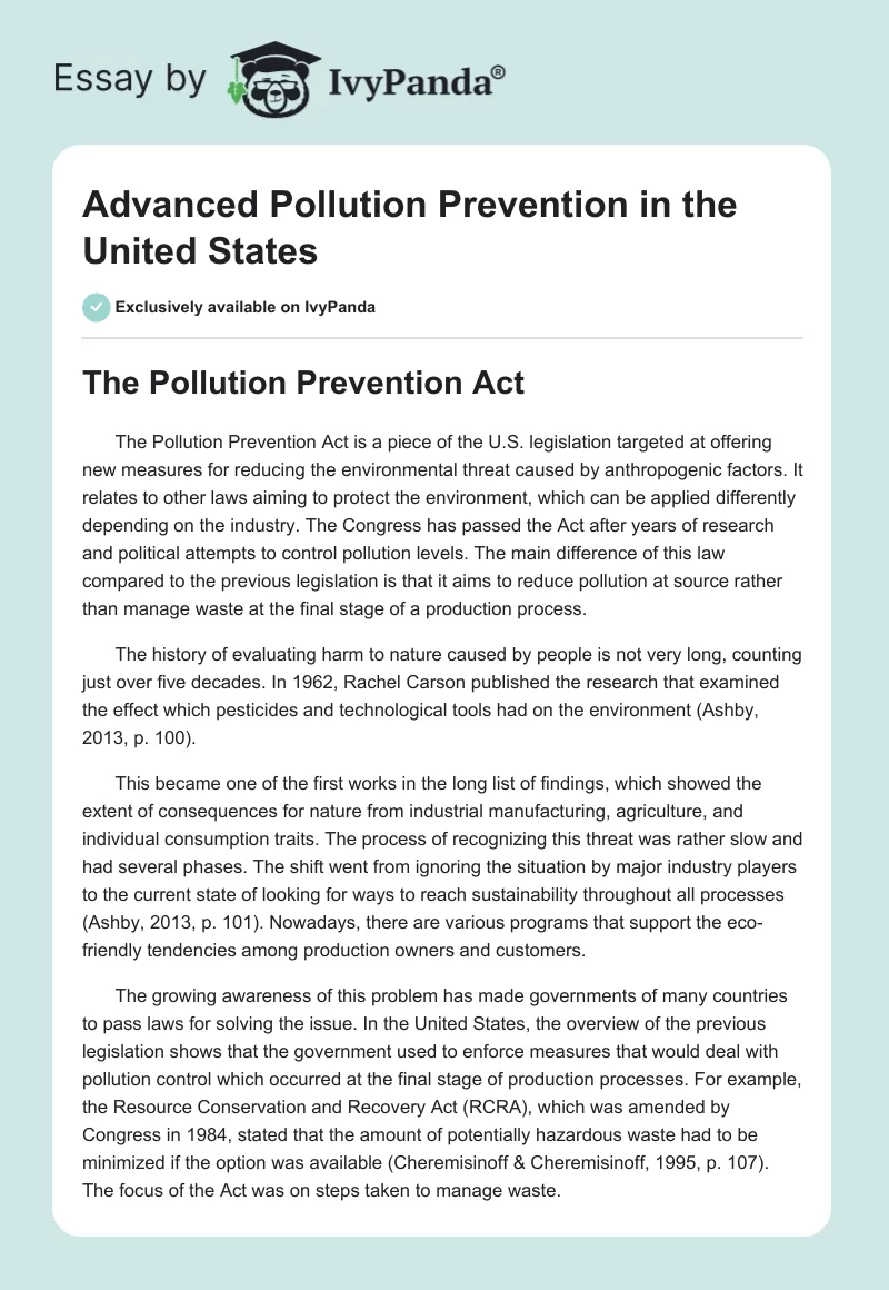 Advanced Pollution Prevention in the United States. Page 1