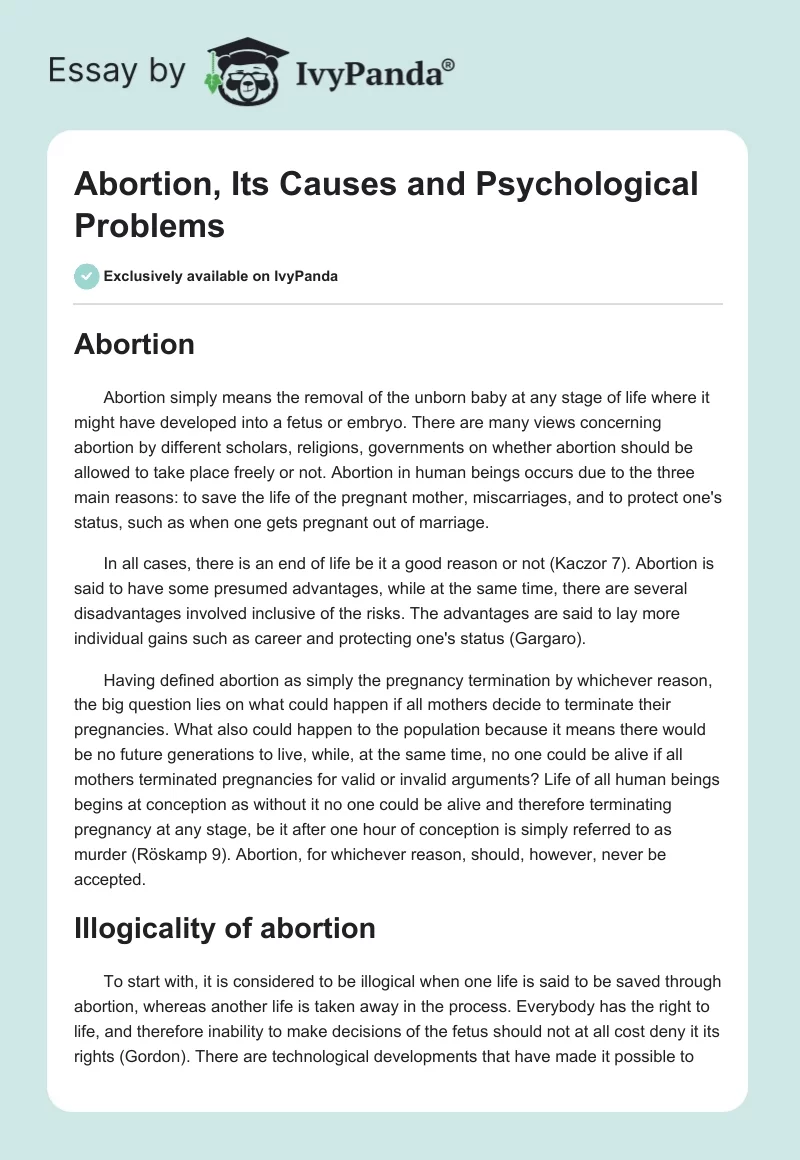 Abortion, Its Causes and Psychological Problems. Page 1