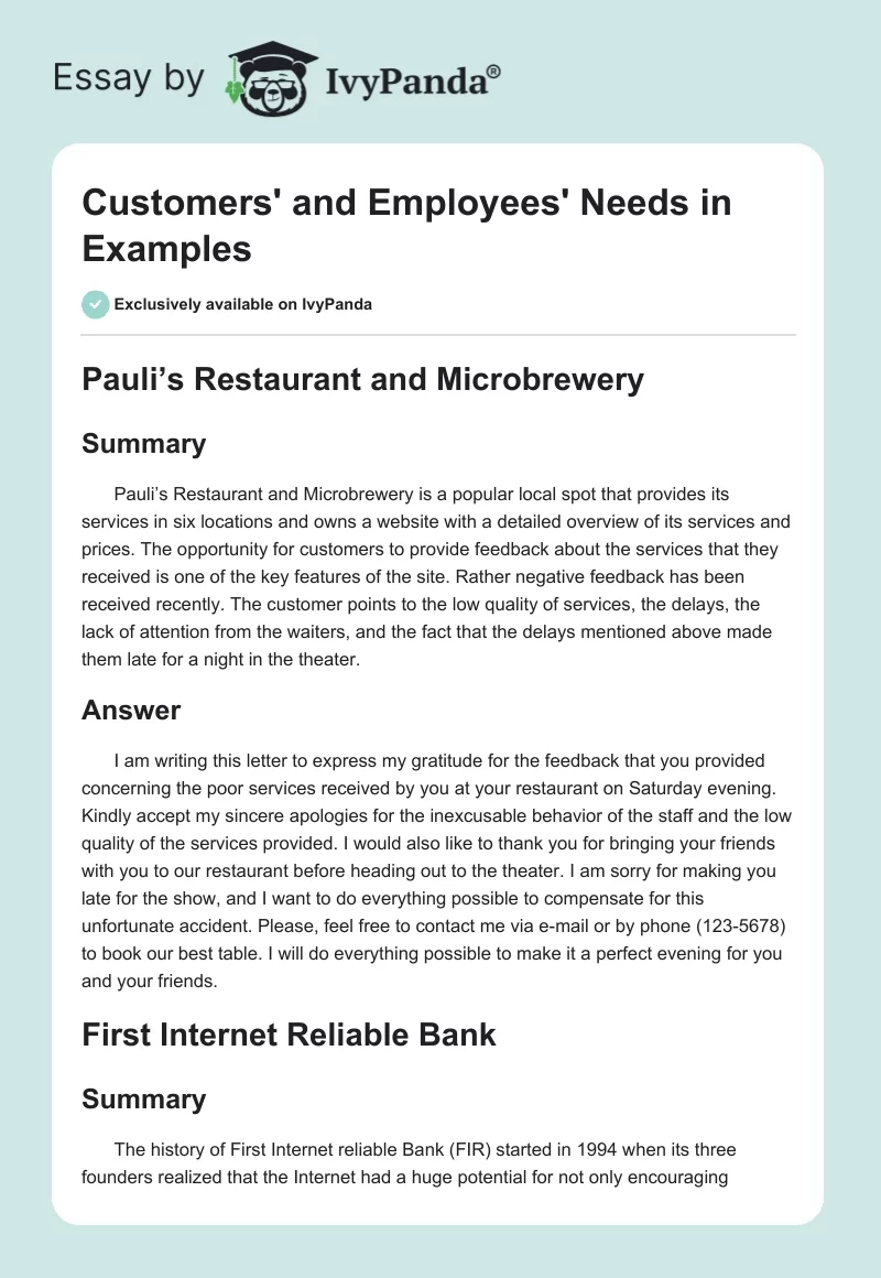 Customers' and Employees' Needs in Examples. Page 1