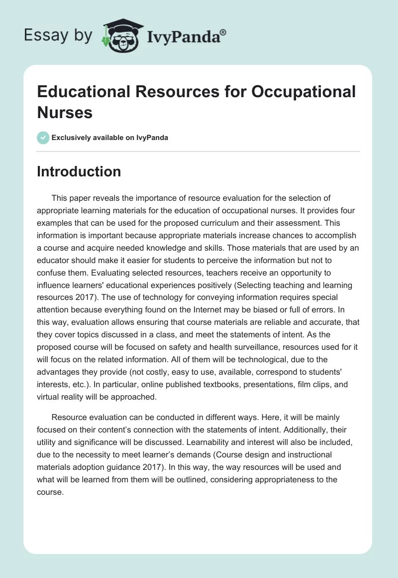 Educational Resources for Occupational Nurses. Page 1
