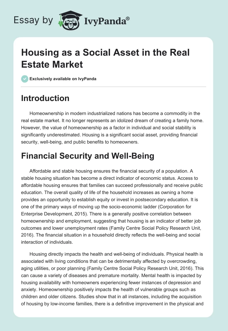 Housing as a Social Asset in the Real Estate Market. Page 1