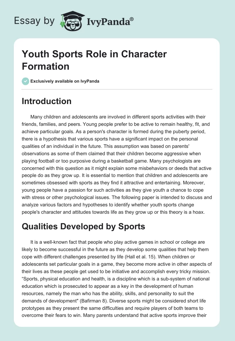 Youth Sports Role in Character Formation. Page 1