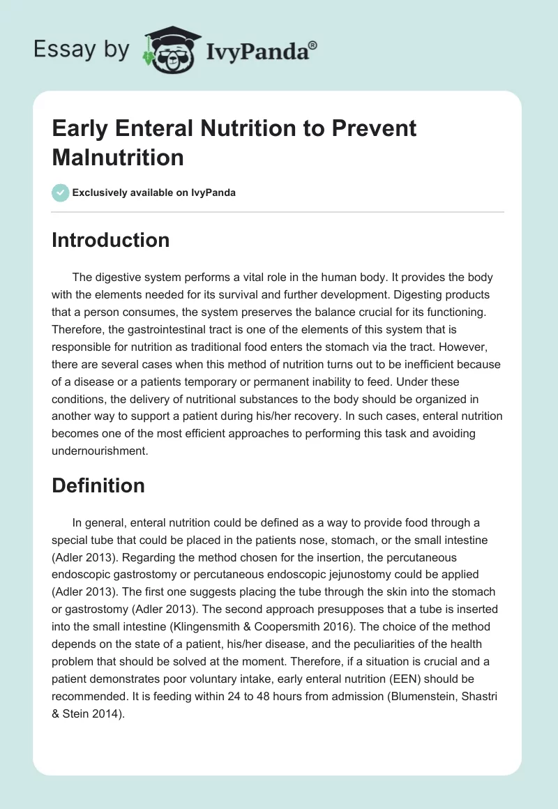 Early Enteral Nutrition to Prevent Malnutrition. Page 1