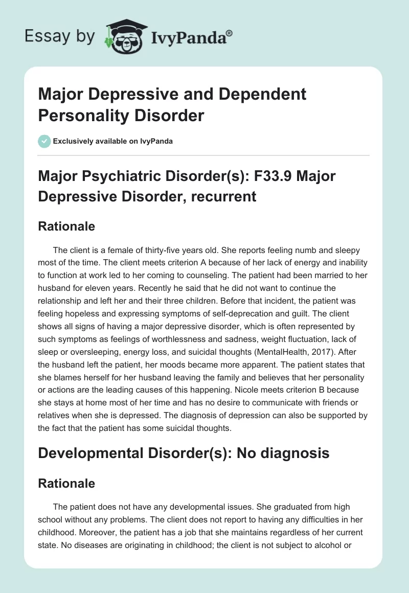 Major Depressive and Dependent Personality Disorder. Page 1