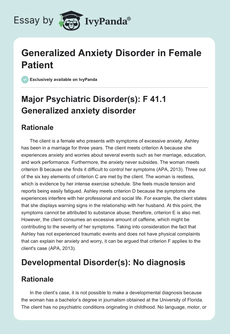 Generalized Anxiety Disorder in Female Patient. Page 1