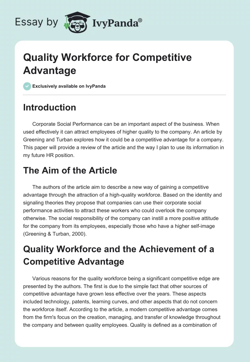 Quality Workforce for Competitive Advantage. Page 1