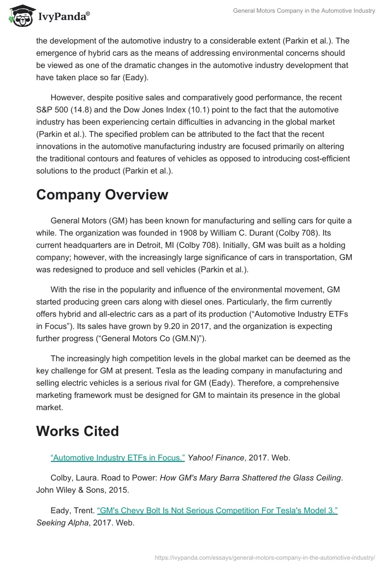General Motors Company in the Automotive Industry. Page 2