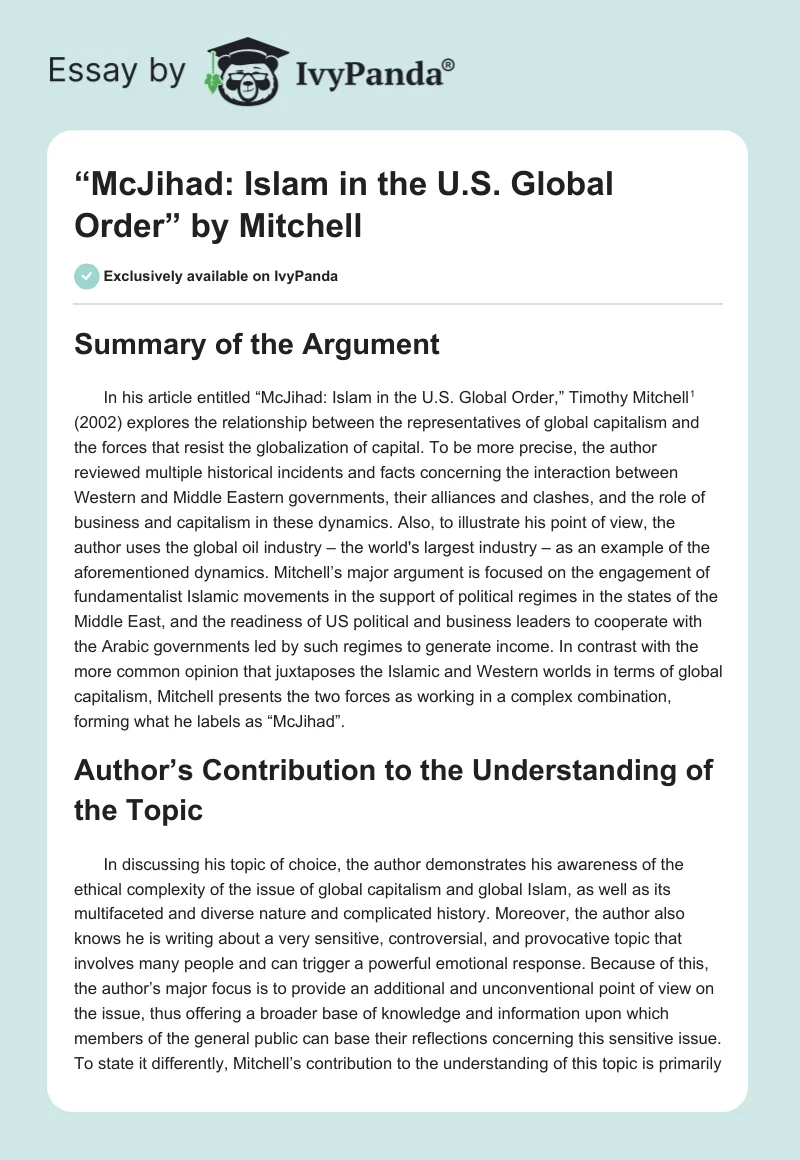 “McJihad: Islam in the U.S. Global Order” by Mitchell. Page 1