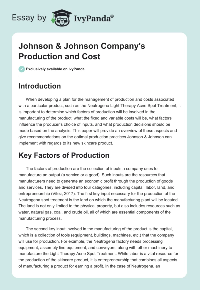 Johnson & Johnson Company's Production and Cost. Page 1