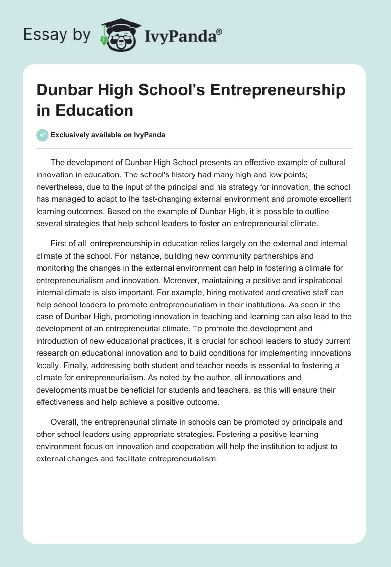 Dunbar High School's Entrepreneurship in Education. Page 1
