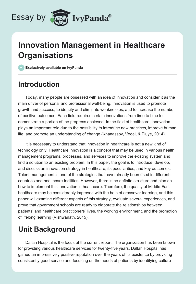 Innovation Management in Healthcare Organisations. Page 1