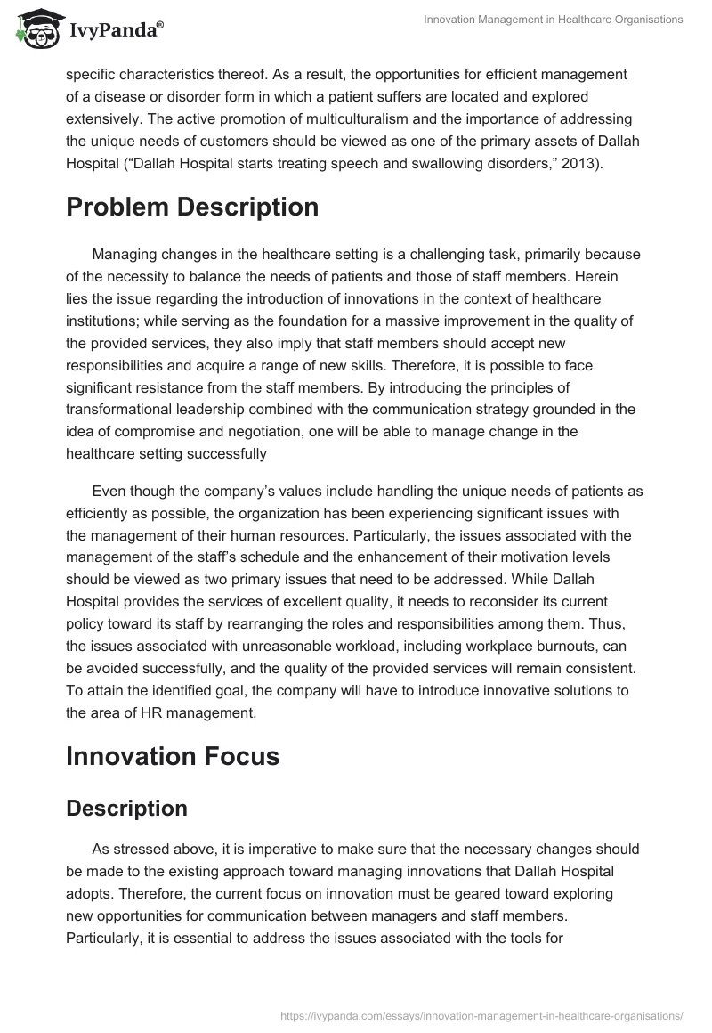 Innovation Management in Healthcare Organisations. Page 2