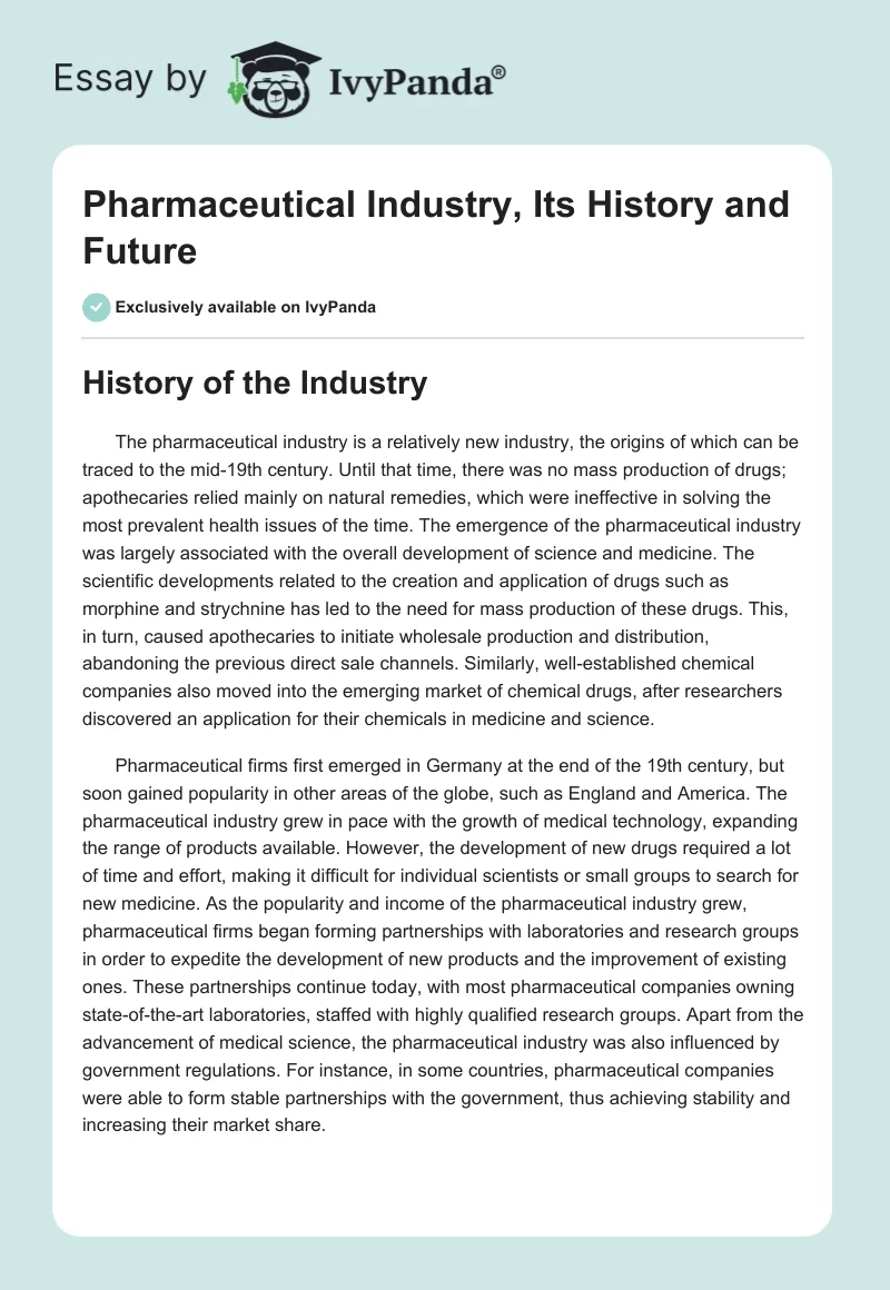 Pharmaceutical Industry, Its History and Future. Page 1