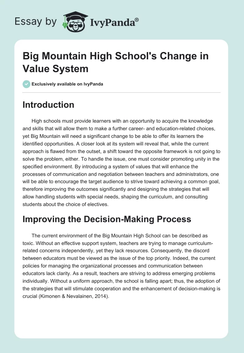Big Mountain High School's Change in Value System. Page 1