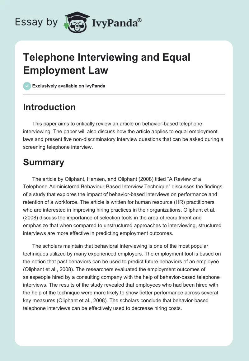 Telephone Interviewing and Equal Employment Law. Page 1