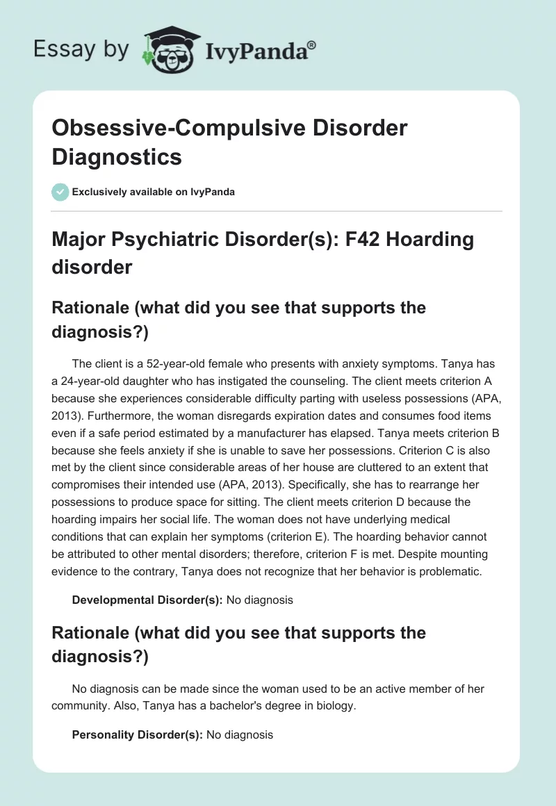 Obsessive-Compulsive Disorder Diagnostics. Page 1