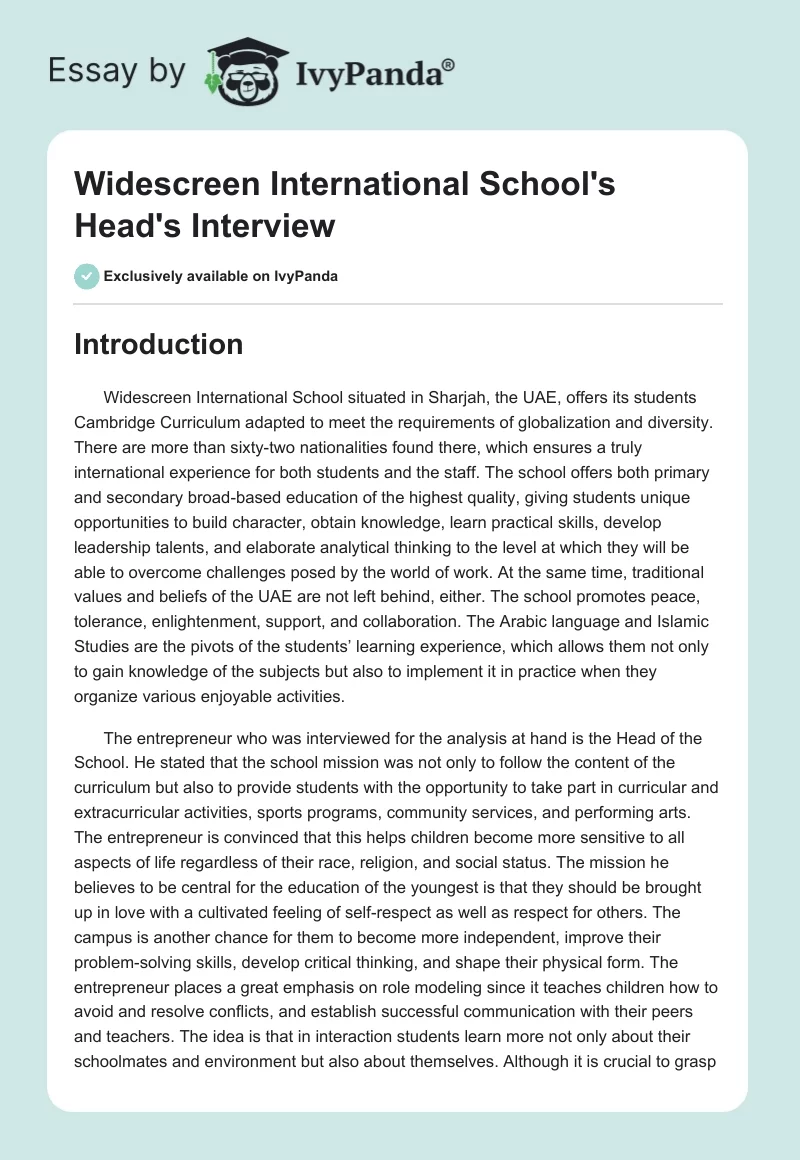 Widescreen International School's Head's Interview. Page 1