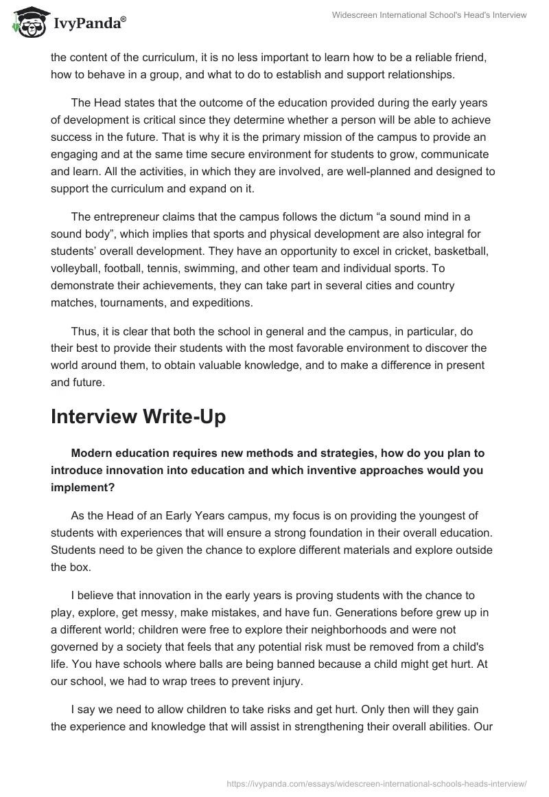 Widescreen International School's Head's Interview. Page 2