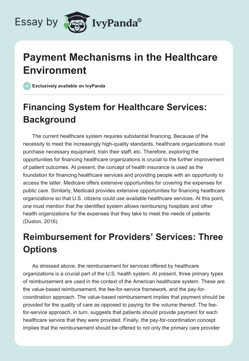Payment Mechanisms in the Healthcare Environment. Page 1