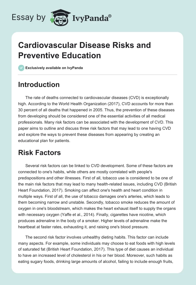 Cardiovascular Disease Risks and Preventive Education. Page 1