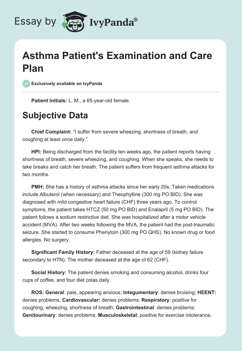 Asthma Patient's Examination and Care Plan. Page 1
