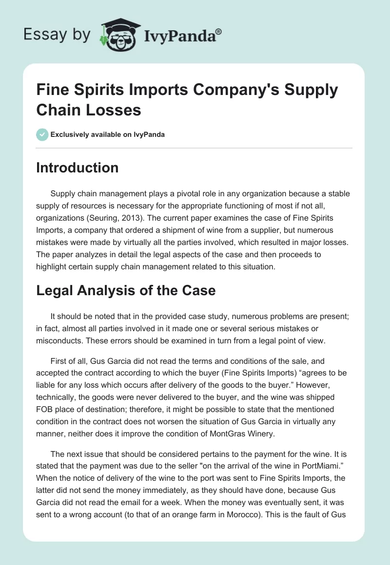 Fine Spirits Imports Company's Supply Chain Losses. Page 1