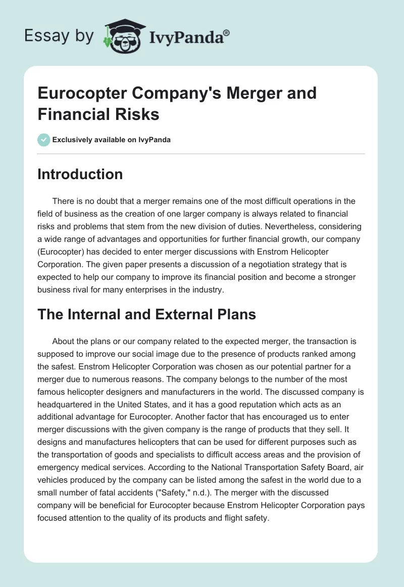 Eurocopter Company's Merger and Financial Risks. Page 1
