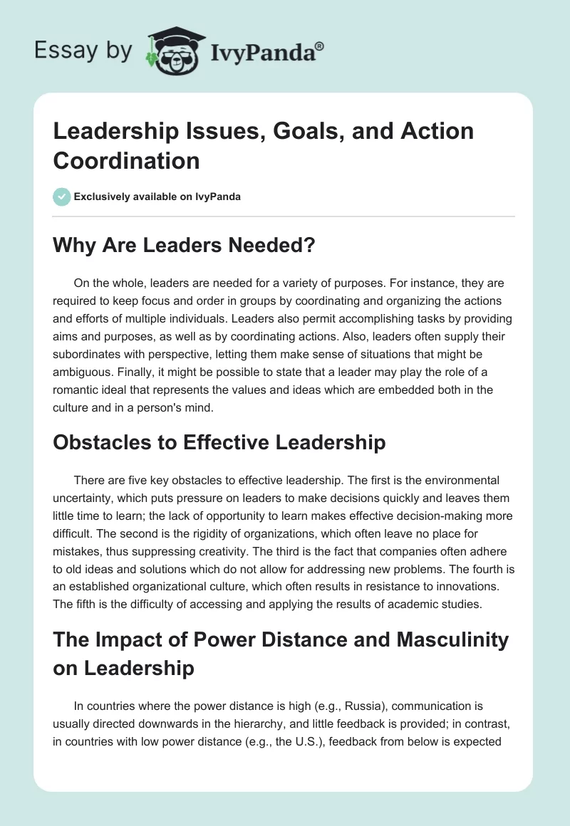 Leadership Issues, Goals, and Action Coordination. Page 1