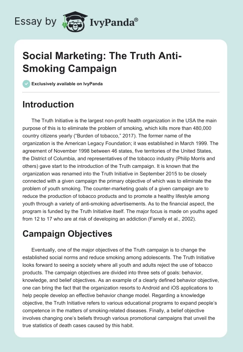 Social Marketing: The Truth Anti-Smoking Campaign. Page 1