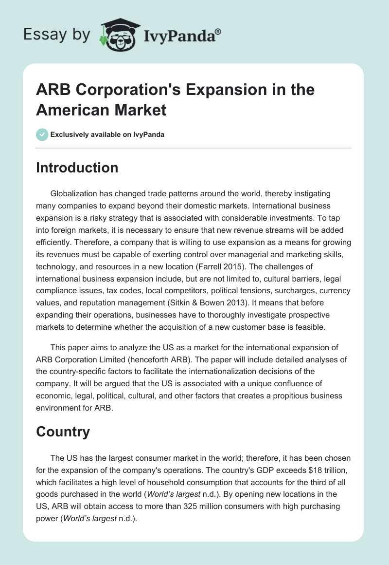 ARB Corporation's Expansion in the American Market. Page 1