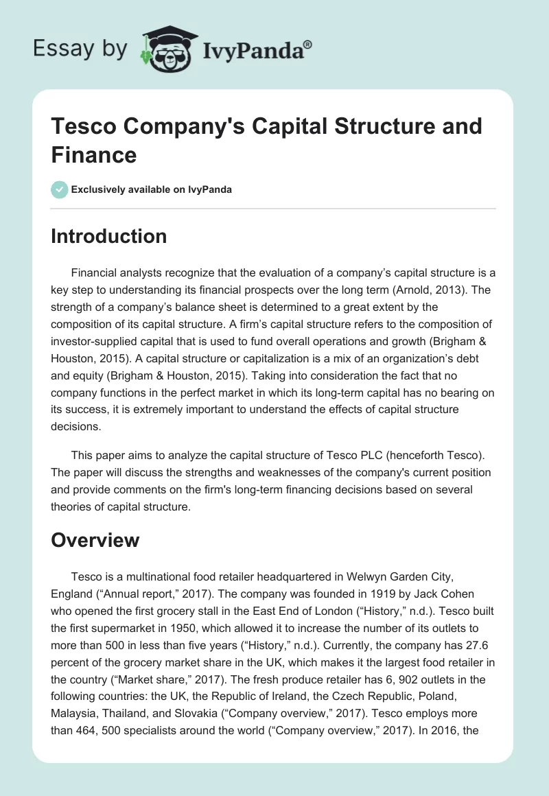 Tesco Company's Capital Structure and Finance. Page 1