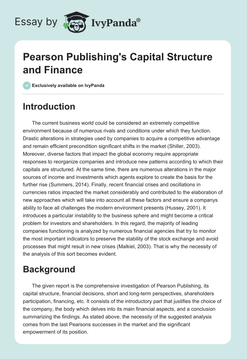 Pearson Publishing's Capital Structure and Finance. Page 1
