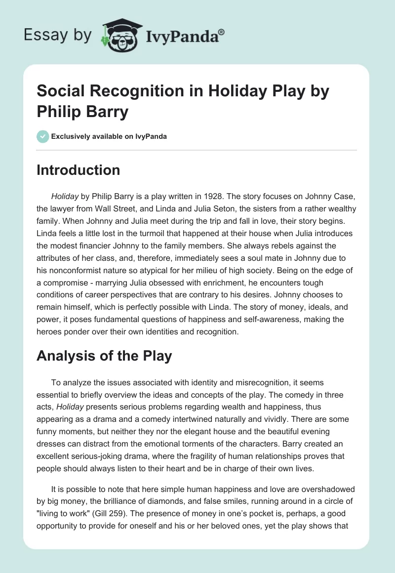 Social Recognition in "Holiday" Play by Philip Barry. Page 1