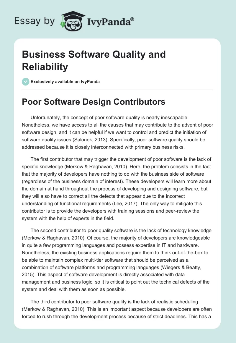 Business Software Quality and Reliability. Page 1
