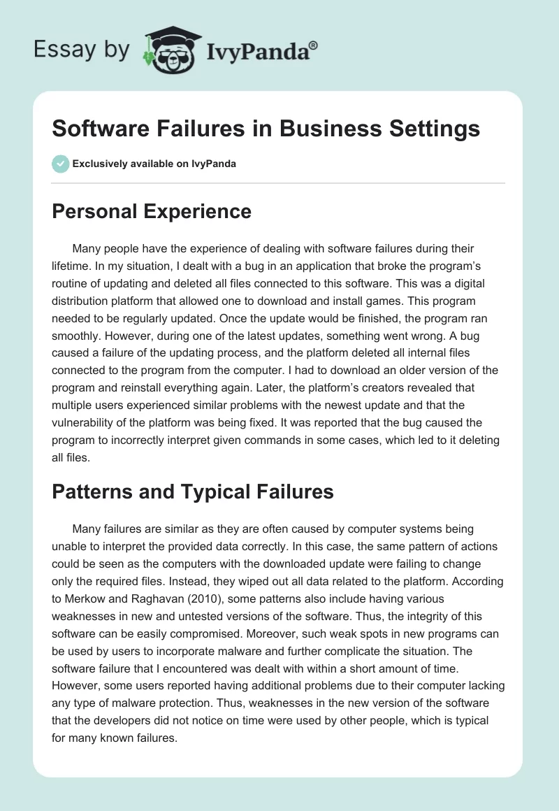 Software Failures in Business Settings. Page 1