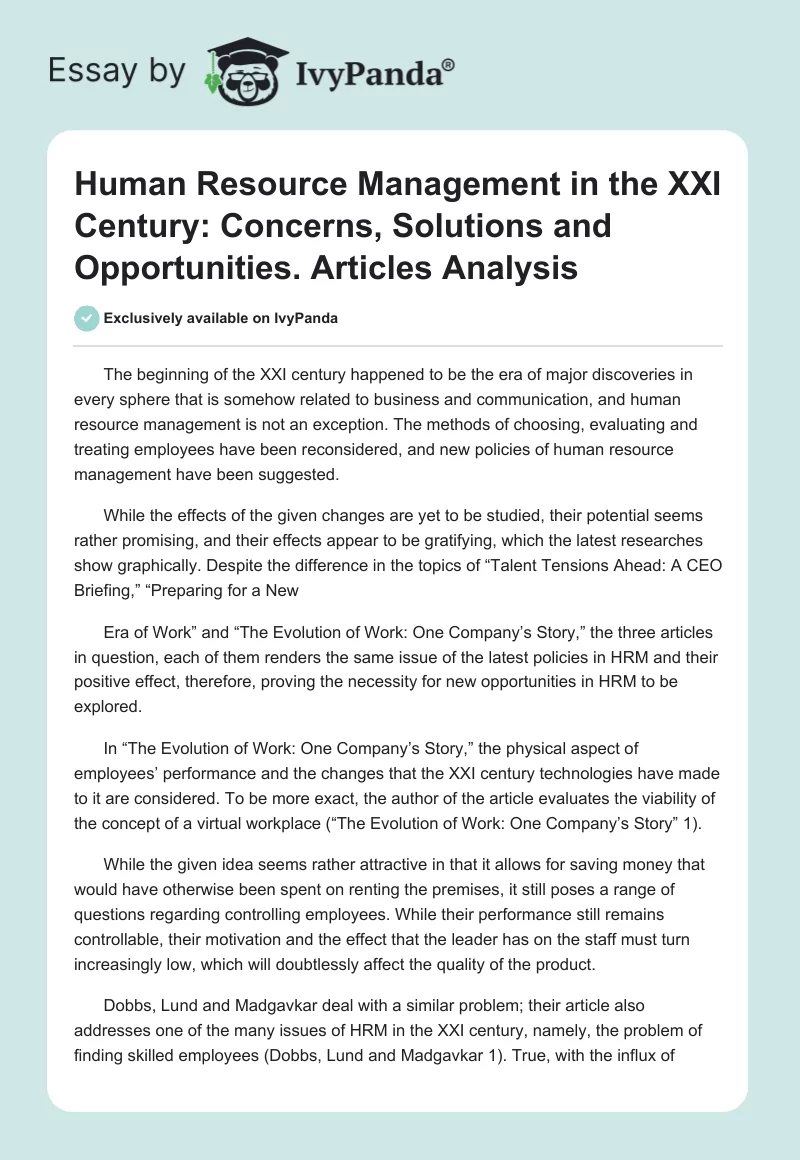 Human Resource Management in the XXI Century: Concerns, Solutions and Opportunities. Articles Analysis. Page 1
