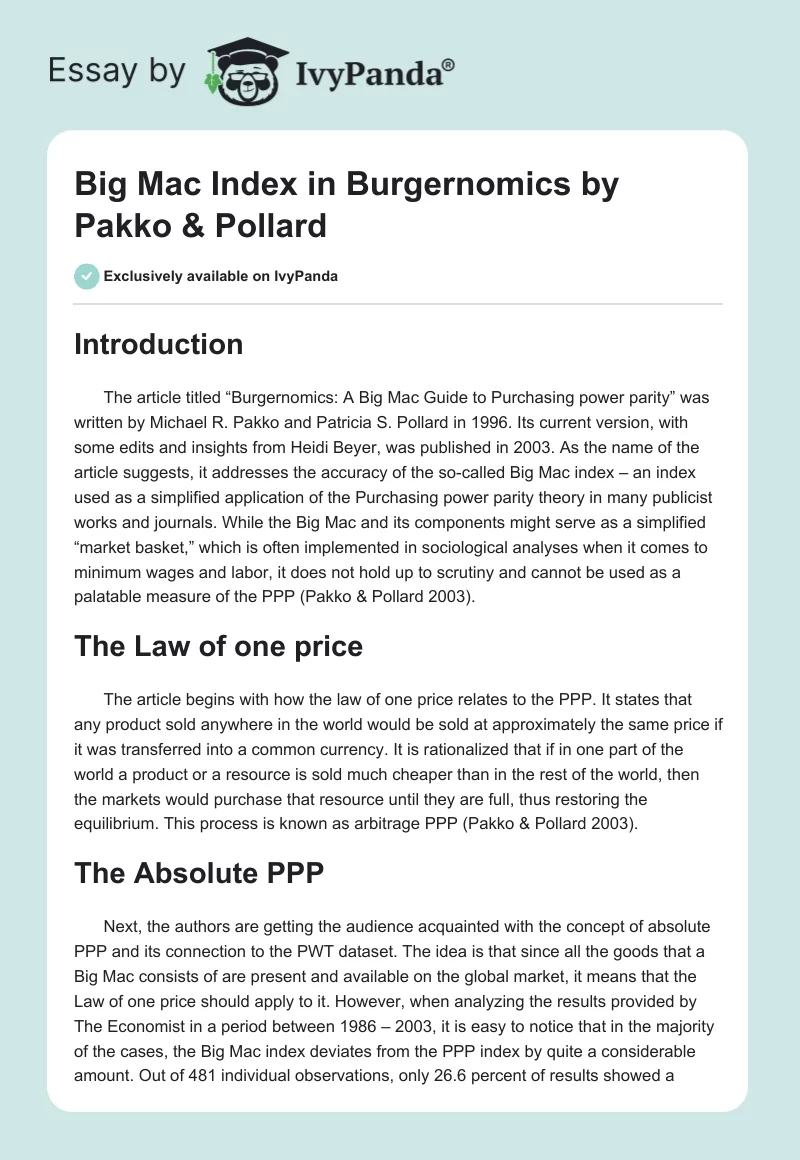 Big Mac Index in "Burgernomics" by Pakko & Pollard. Page 1