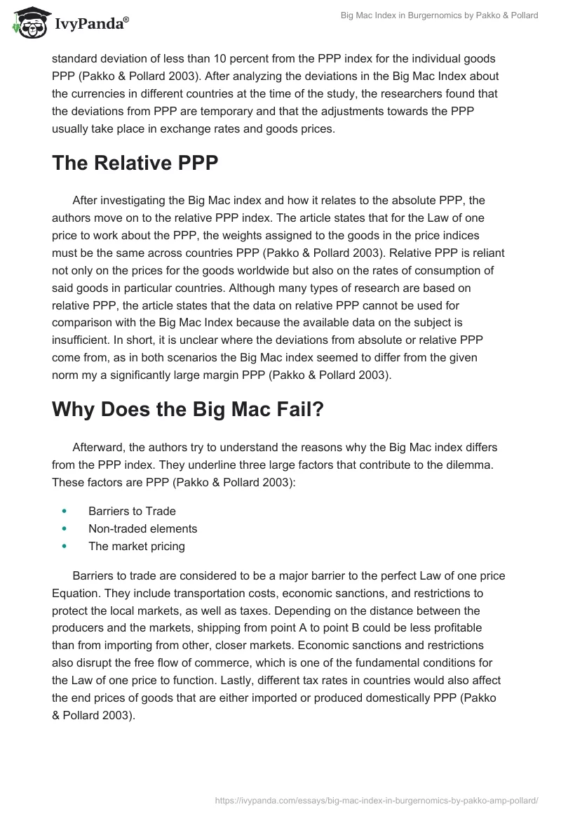 Big Mac Index in "Burgernomics" by Pakko & Pollard. Page 2
