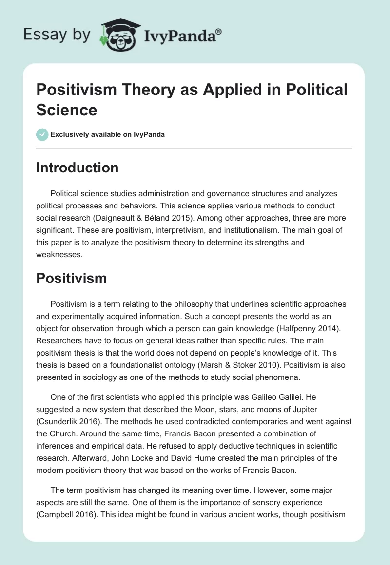 Positivism Theory as Applied in Political Science. Page 1