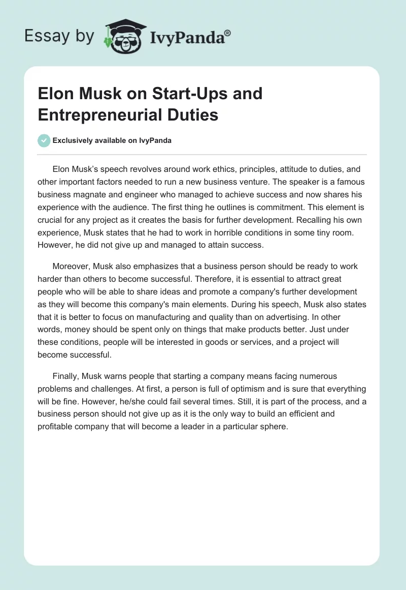 Elon Musk on Start-Ups and Entrepreneurial Duties. Page 1