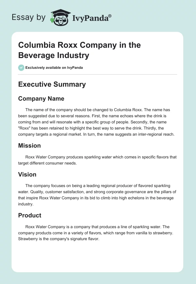 Columbia Roxx Company in the Beverage Industry. Page 1