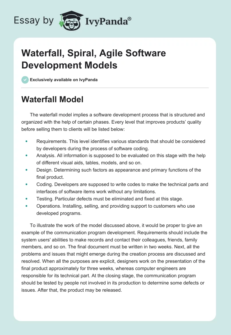 Waterfall, Spiral, Agile Software Development Models. Page 1