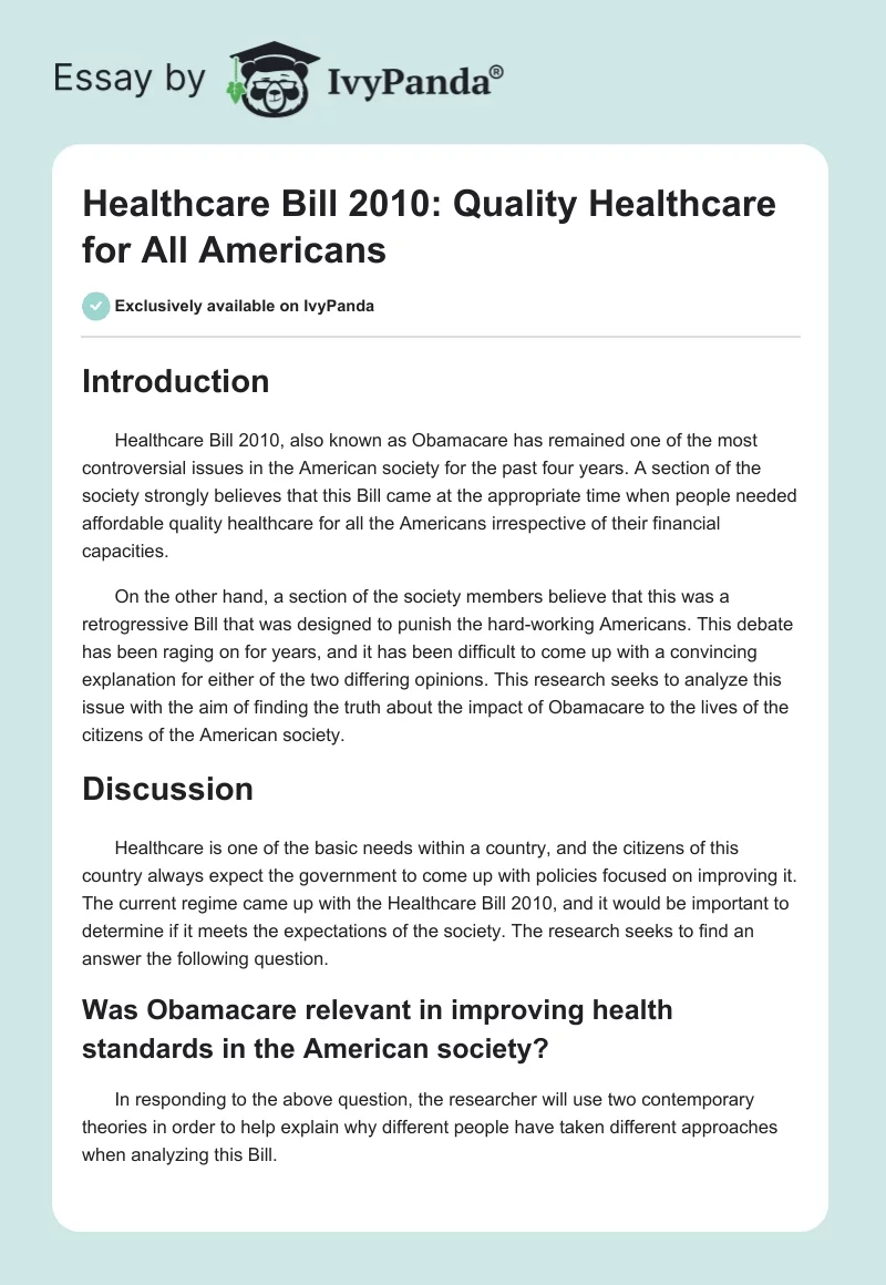 Healthcare Bill 2010: Quality Healthcare for All Americans. Page 1