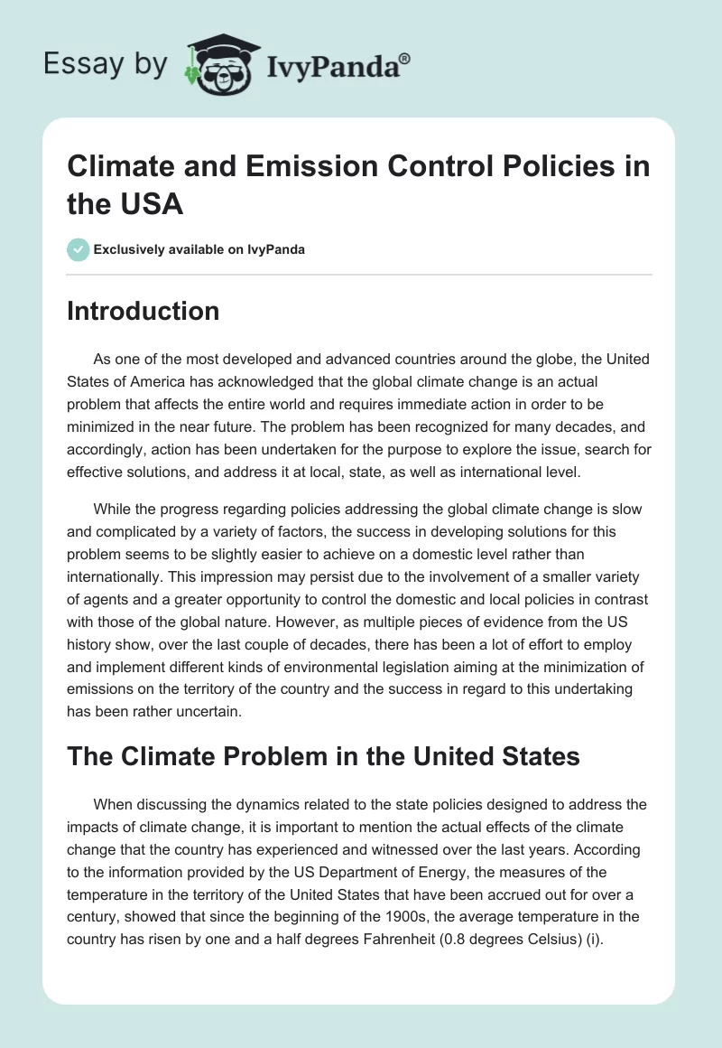 Climate and Emission Control Policies in the USA. Page 1