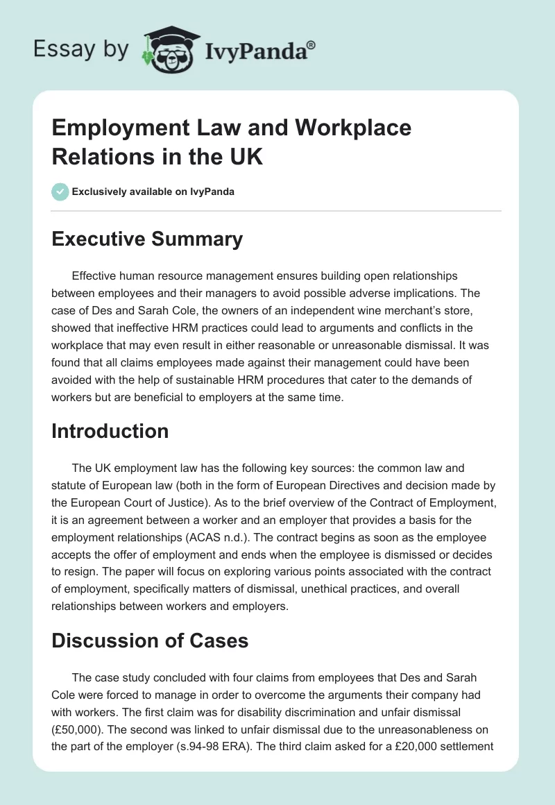 Employment Law and Workplace Relations in the UK. Page 1