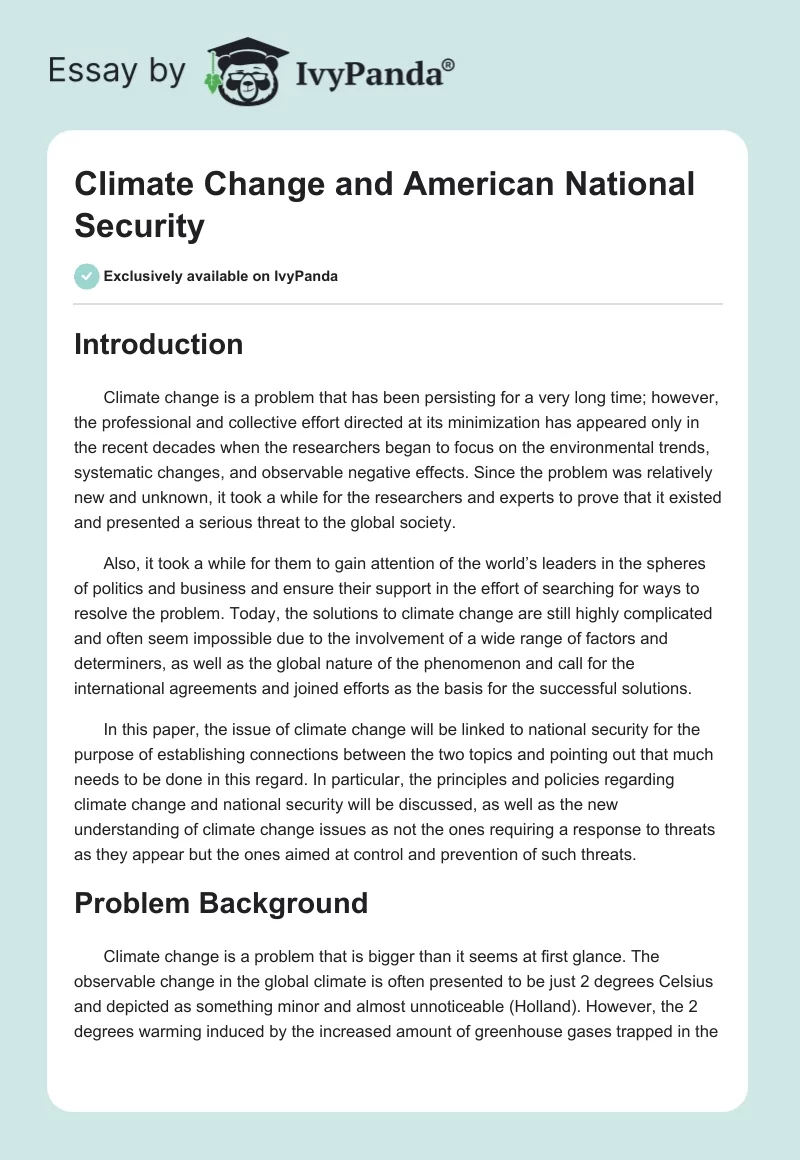 Climate Change and American National Security. Page 1